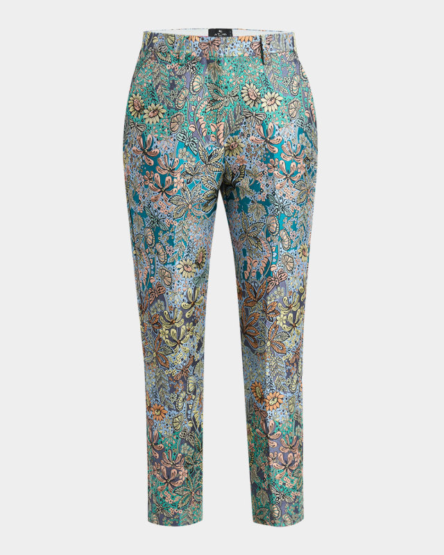 Multi Garden Floral Brocade Straight-Leg Ankle Pants